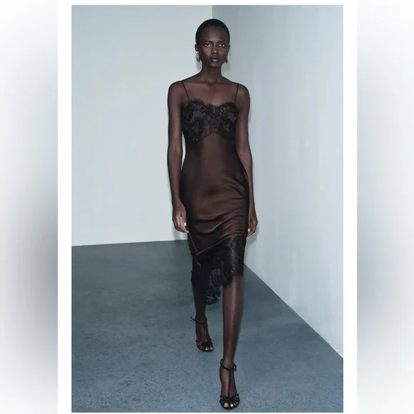 NWT Zara Asymmetric Satin Lace Dress in Black/ Brown Size M - Picture 3 of 16